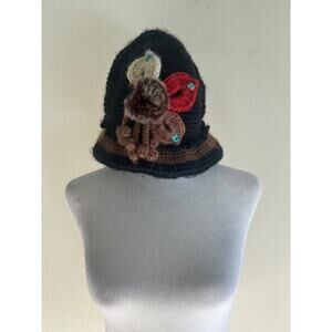 Handmade Boho Knit Beanie Feather Faux Fur Embellished Artisan Festival Winter